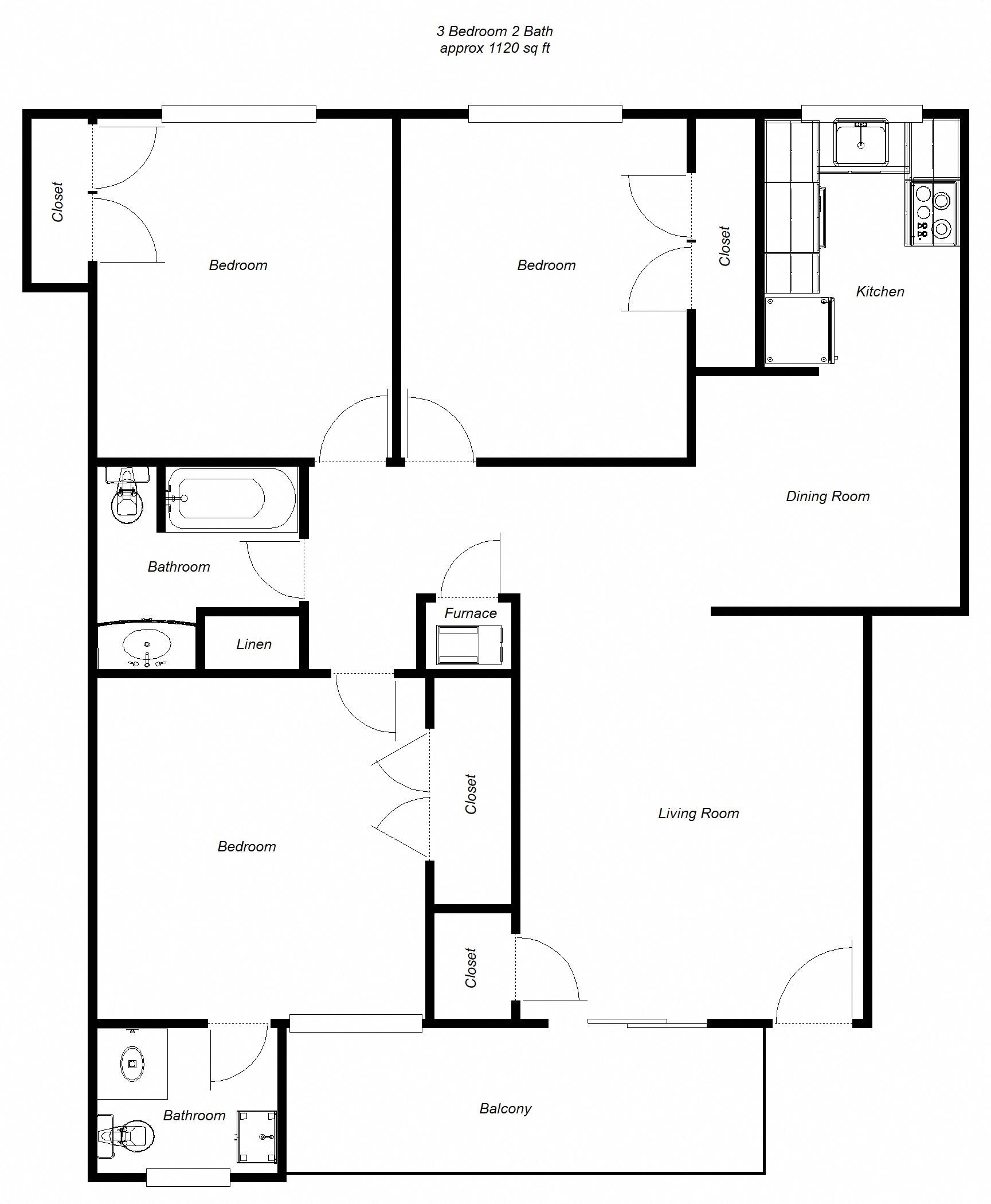 Floor plan for 3 beds, 2 baths, 1120 sqft